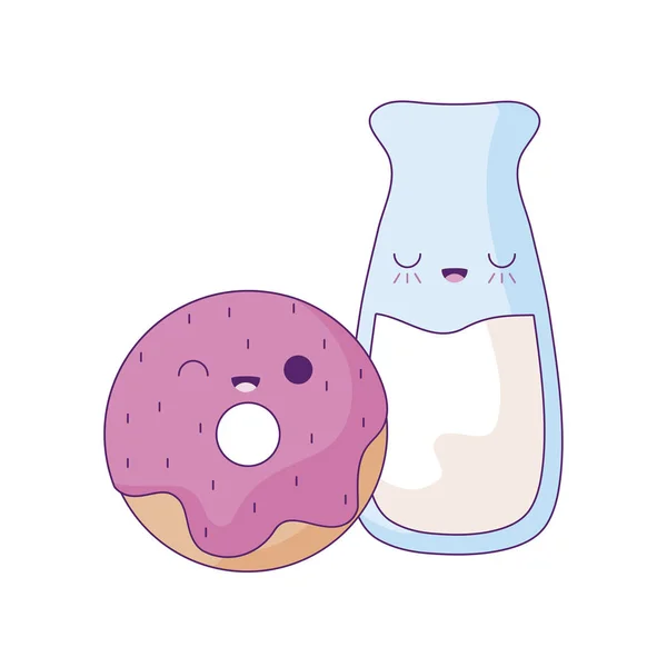Delicioso donut con leche de botella estilo kawaii — Vector de stock