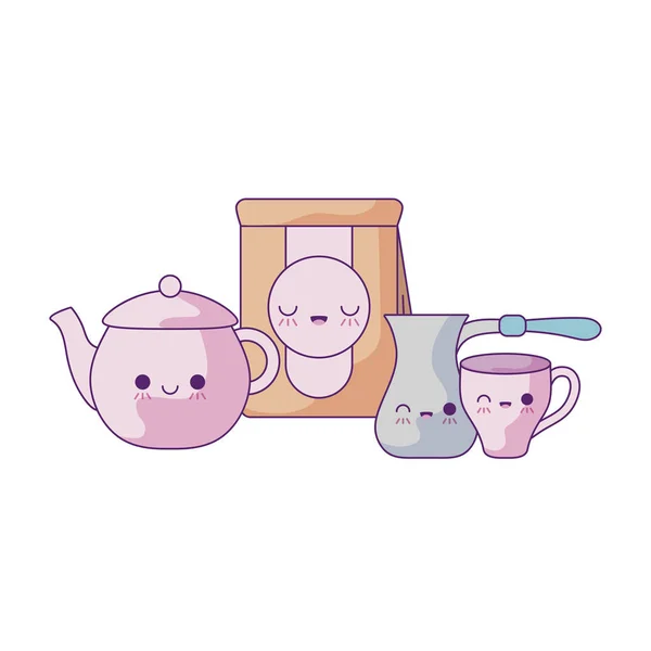 Set linda tetera con iconos de estilo kawaii — Vector de stock