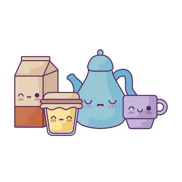 Tetera con conjunto de comida estilo kawaii — Vector de stock