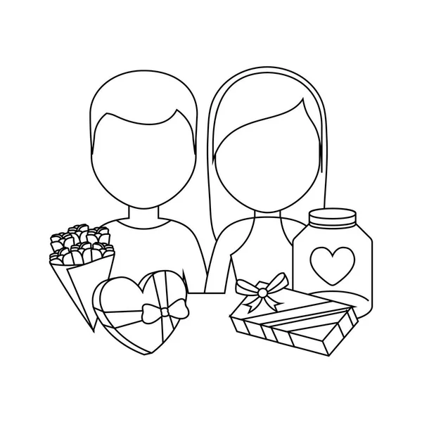 Pareja joven encantadora con cajas de regalo — Vector de stock