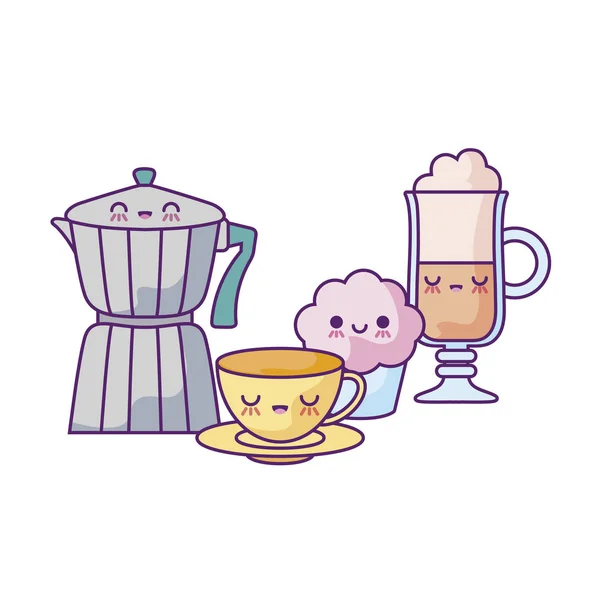 Theepot met set van voedsel kawaii stijl — Stockvector