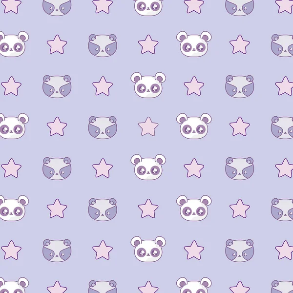 Motif de têtes raton laveur avec ours panda et étoiles style kawaii — Image vectorielle