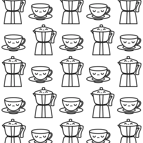 茶壶图案与杯卡瓦伊风格 — 图库矢量图片