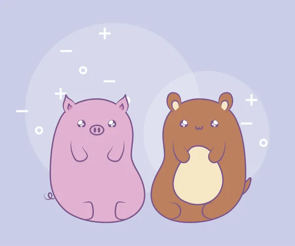 Cute piggy dengan beruang hewan bayi kawaii gaya - Stok Vektor