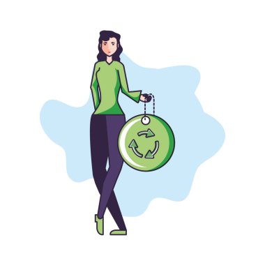 genç kadın ve geri dönüşüm okları ile etiket ticari