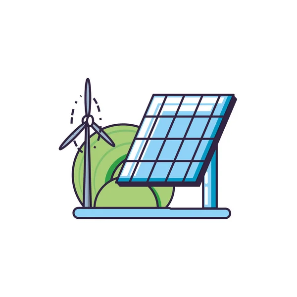 Energía del panel solar con energía del aire del molino de viento — Vector de stock