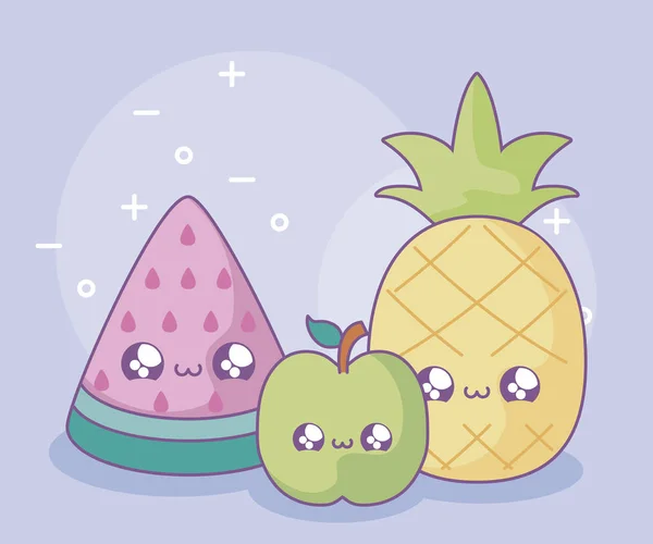 Ananas ve elma kawaii tarzı ile dilim karpuz — Stok Vektör