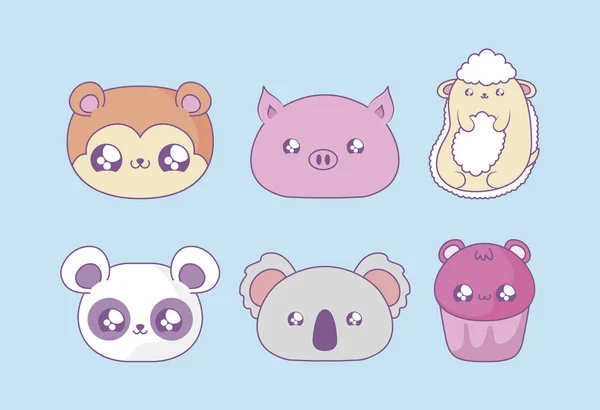 Gruppo di simpatici animali bambino con cupcake stile kawaii — Vettoriale Stock