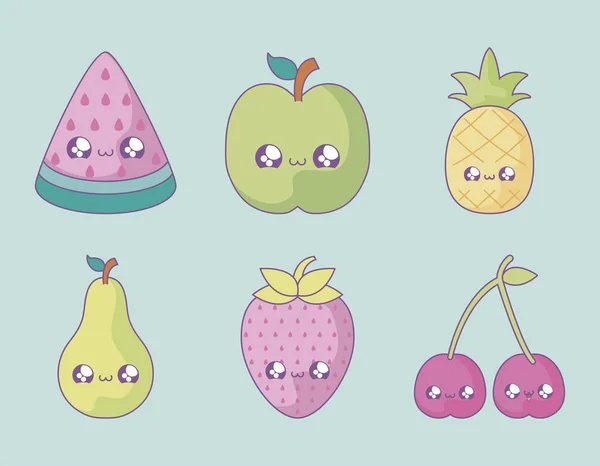 Conjunto de frutas lindo estilo kawaii — Vector de stock