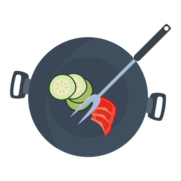 Gotowanie ogórek pomidor patelnie przygotowanie widelec — Wektor stockowy