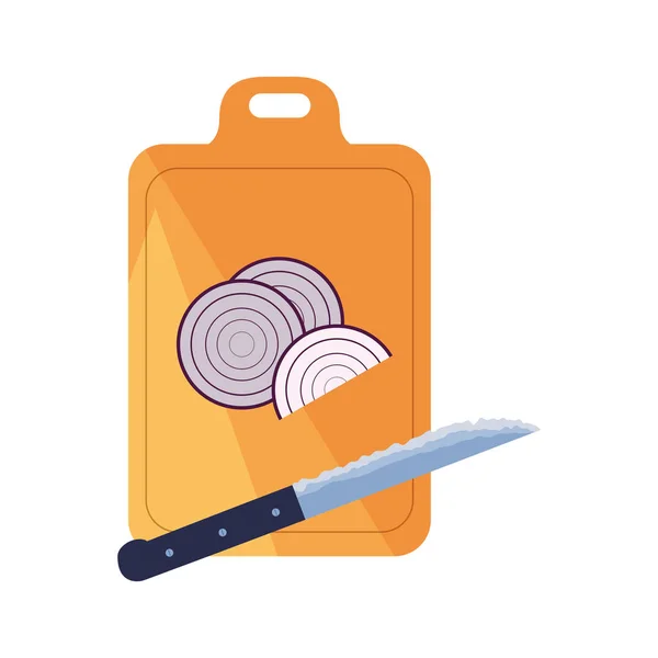 Cebola placa de corte faca preparação cozinhar — Vetor de Stock