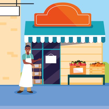 meyve mağaza cephe binası ile satıcı