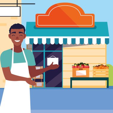 meyve mağaza cephe binası ile satıcı