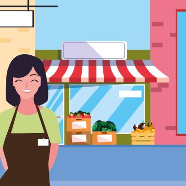 meyve mağaza cephe binası ile satıcı