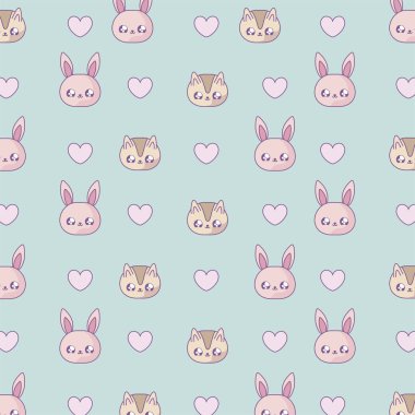 başları tavşan ve kedi bebek kawaii tarzı desen