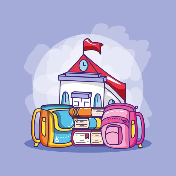 Bolsos escolares con fachada de la escuela — Vector de stock