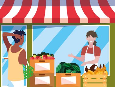 alıcı meyve mağaza cephe binası izlerken