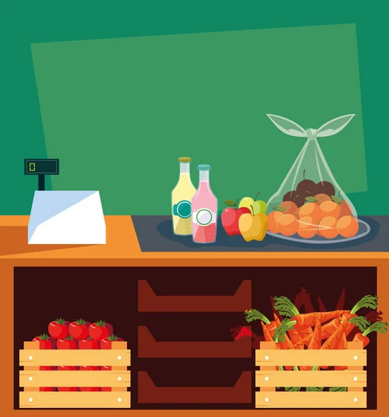 Vitrinenladen mit frischen Lebensmitteln und Kassenautomaten — Stockvektor