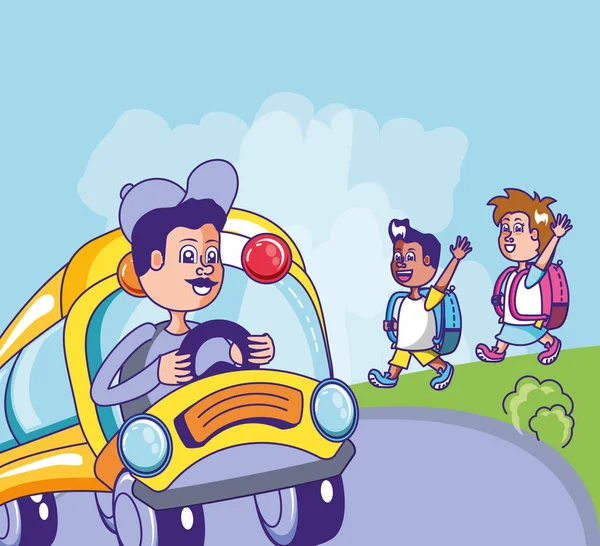 Автобус шкільний транспорт з милими маленькими студентами — стоковий вектор