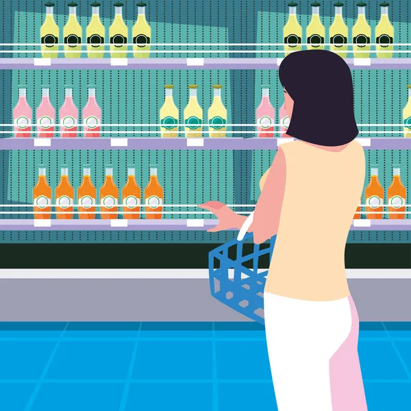 Acheteur femme avec magasin étagères en bois avec jus en bouteille — Image vectorielle