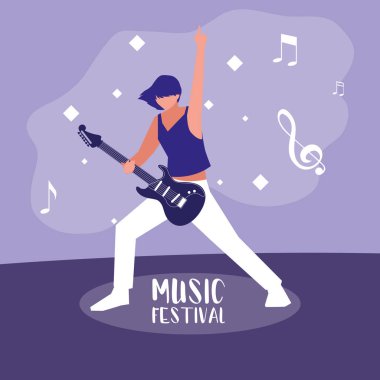 elektrik gitar çalan kadın ile müzik festivali afişi