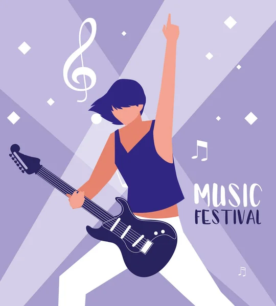 Affiche du festival de musique avec femme jouant de la guitare électrique — Image vectorielle