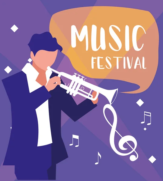 Affiche du festival de musique avec l'homme jouant de la trompette — Image vectorielle