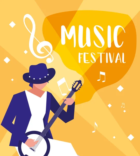 Cartel del festival de música con el hombre jugando banjo — Vector de stock