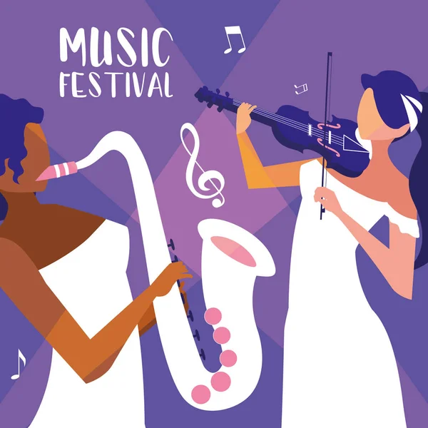 Affiche du festival de musique avec des femmes jouant du violon et du saxophone — Image vectorielle
