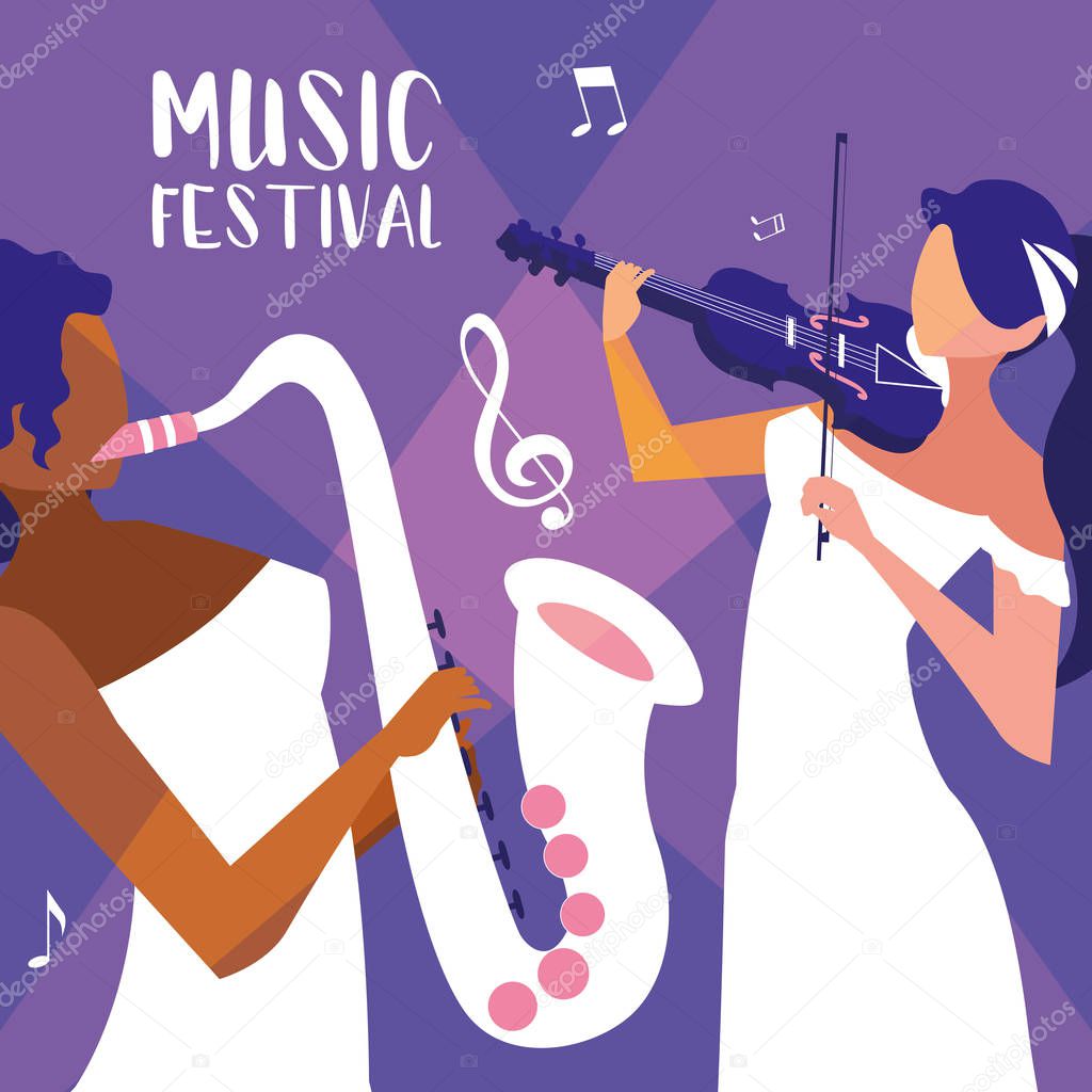 music festival poster with women playing fiddle and saxophone