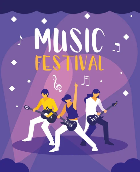 Affiche du festival de musique avec des personnes jouant de la guitare électrique — Image vectorielle