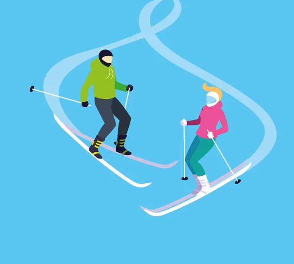 Couple practicing ice skiing sport extreme — Stock Vector
