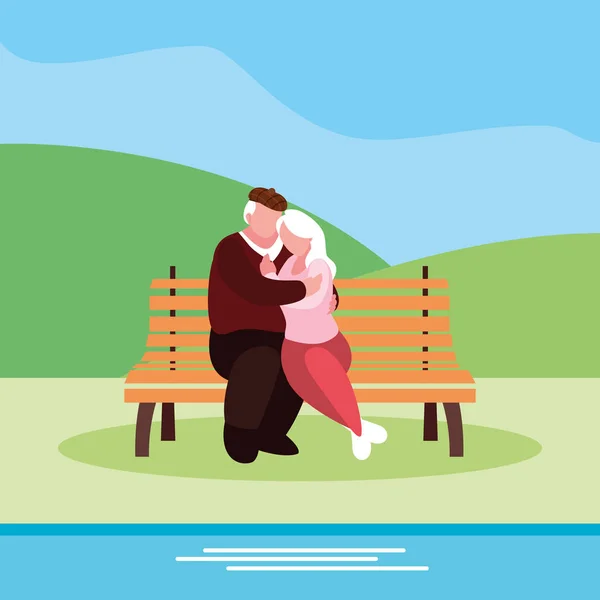 Lindo viejo pareja sentado en silla de parque — Vector de stock