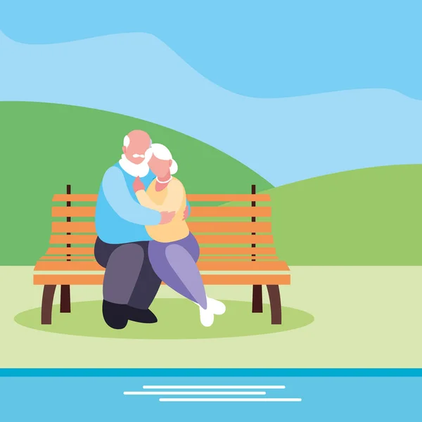 Cute old couple seated in chair of park — Stock Vector