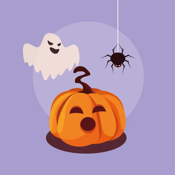 Halloween-Kürbis mit Geist und Spinne — Stockvektor