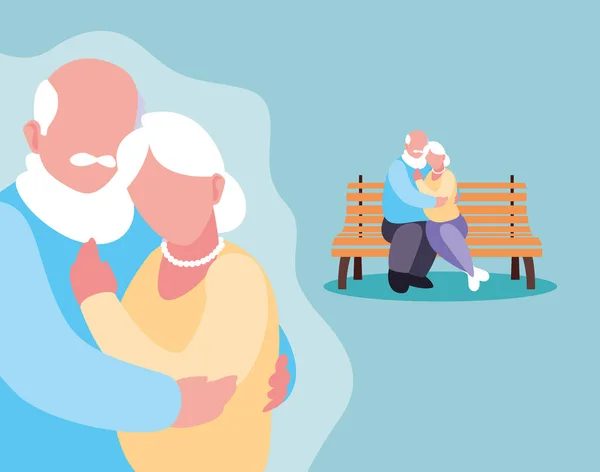 Χαριτωμένο παλιό ζευγάρι κάθεται στην καρέκλα του πάρκου και αγκάλιασε — Διανυσματικό Αρχείο