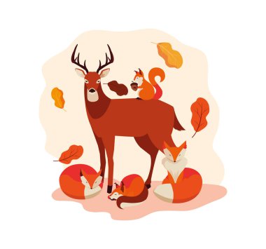 geyik hayvan ve yapraklar ile merhaba sonbahar afiş