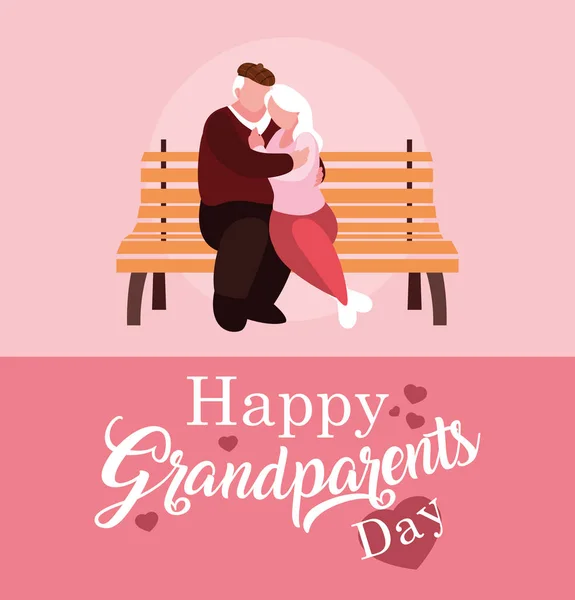Cartaz feliz do dia dos avós com casal velho na cadeira do parque —  Vetores de Stock