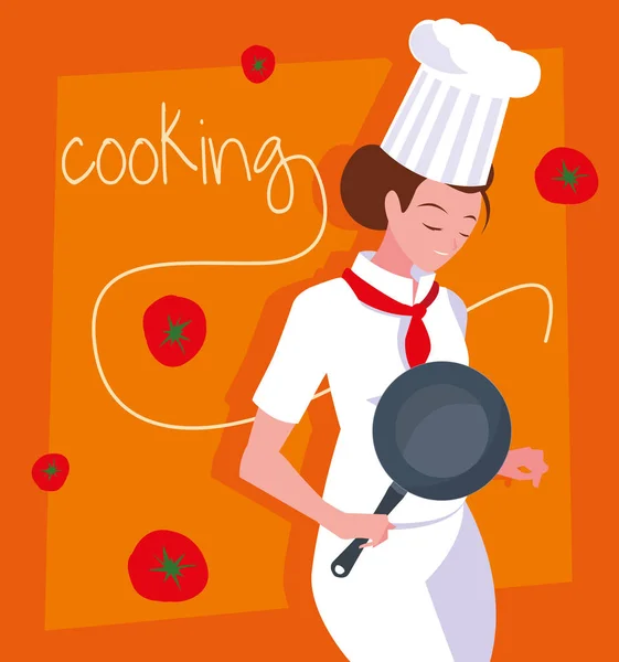 专业厨师女性烹饪与西红柿 — 图库矢量图片