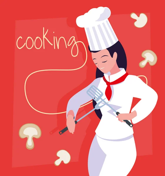 Cuisinier professionnel cuisine féminine aux champignons — Image vectorielle