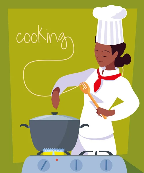 Профессиональный повар женская кухня с кастрюлей в печи — стоковый вектор