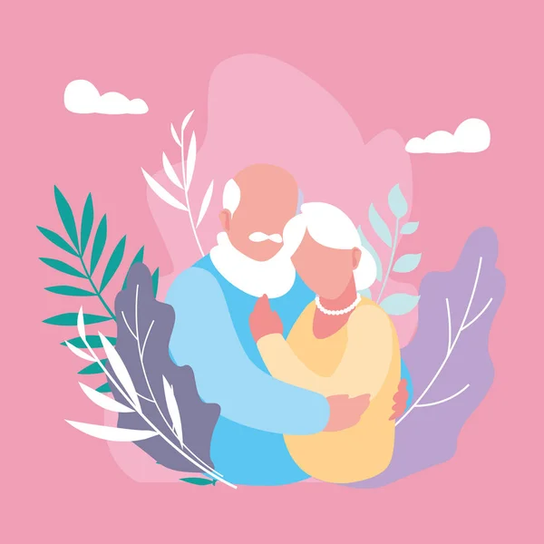 Lindo viejo pareja abrazado con hojas decoración — Vector de stock