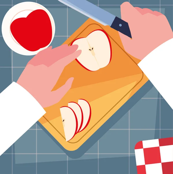 Manos de chef con cuchillo y tabla de cocina — Vector de stock