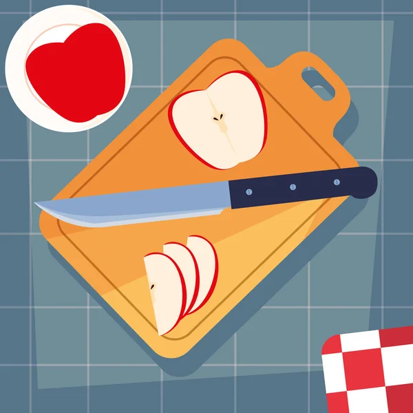 Tablero de cocina con manzanas y cuchillo — Vector de stock