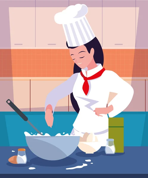 Professionele chef-kok vrouw in keuken koken — Stockvector