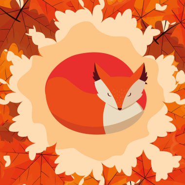 yapraklar çerçevesinde tilki hayvan ile merhaba sonbahar afiş