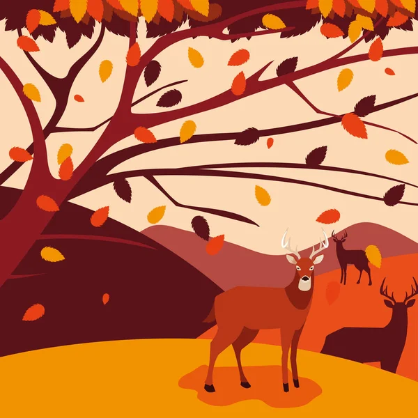Hello jesienny plakat z grupą jeleni w krajobrazie — Wektor stockowy