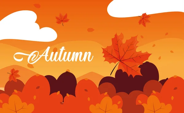 Hello autumn poster with landscape and leafs — Stock Vector