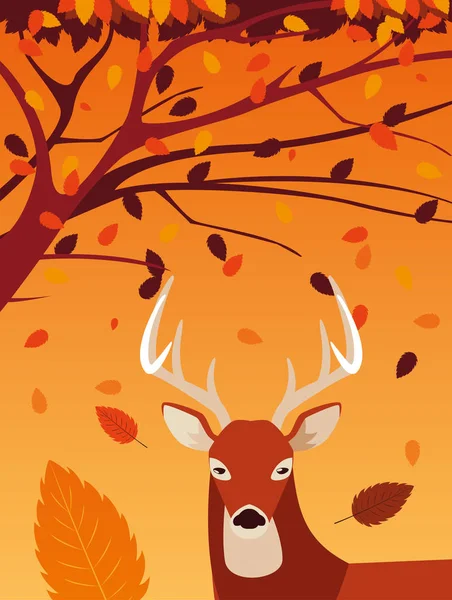 Привіт осінній плакат з тваринами-оленями та деревом — стоковий вектор