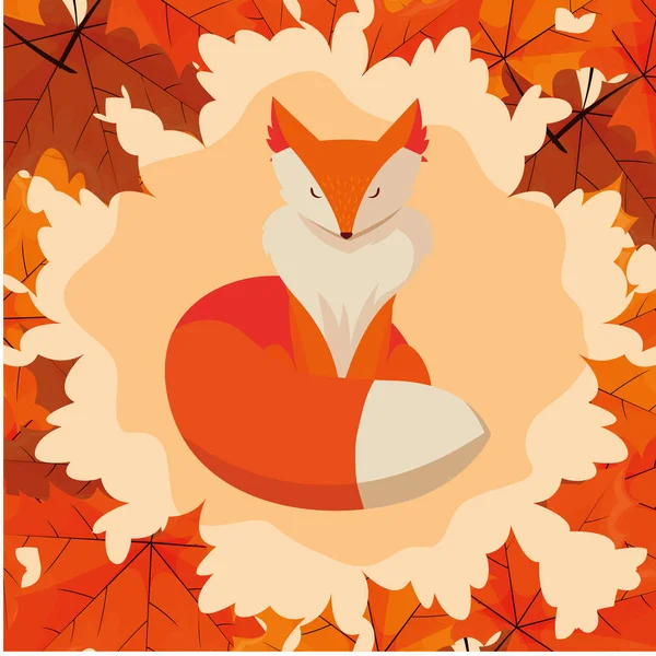 Hello autumn poster with fox animal in frame of leafs — Stock Vector